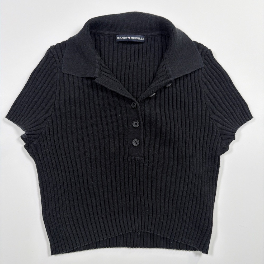 Brandy Melville Bridget Black Ribbed Collared Crop Top Cotton